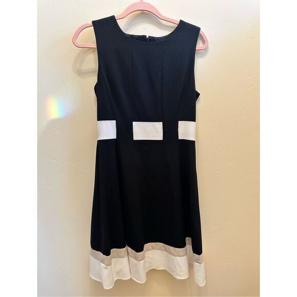 Calvin Klein Tri Color Black White Beige Fit and Flare Dress Size 6 - Picture 1 of 4